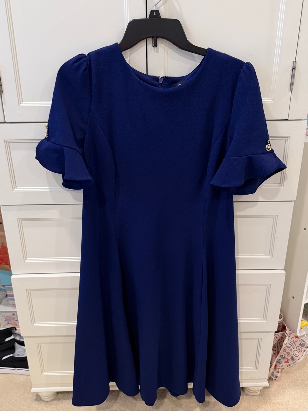 DKNY Navy Blue Ruffle Sleeve A-Line Dress